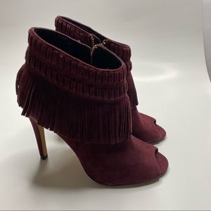 Rebecca Minkoff Women's Rio Fringe Open Toe Booties, Port, 6.5.